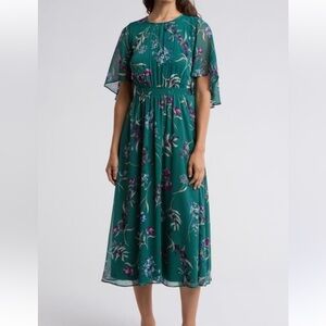 Calvin Klein Green Floral Midi Flutter Overlay Sleeve Dress Size 12 NEEDS ZIPPER
